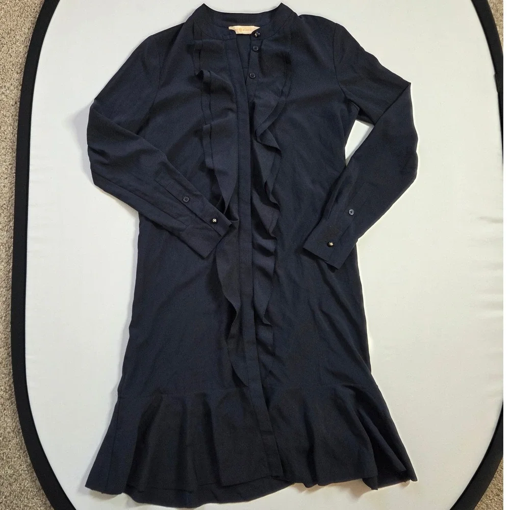 Tory Burch Navy Blue Ruffle Front Drop Waist Shirt Dress Size 2 Logo Buttons